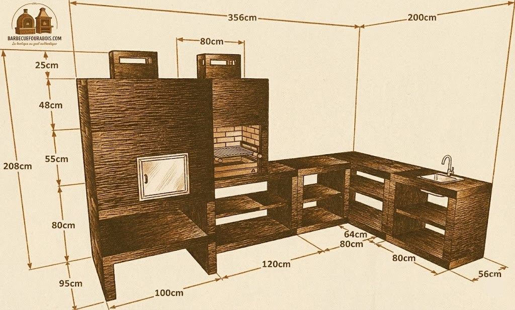 Linie 55F – Modulare Eckaußenküche mit Ofen Ø80 cm & Grill 60 cm (Spüle optional)