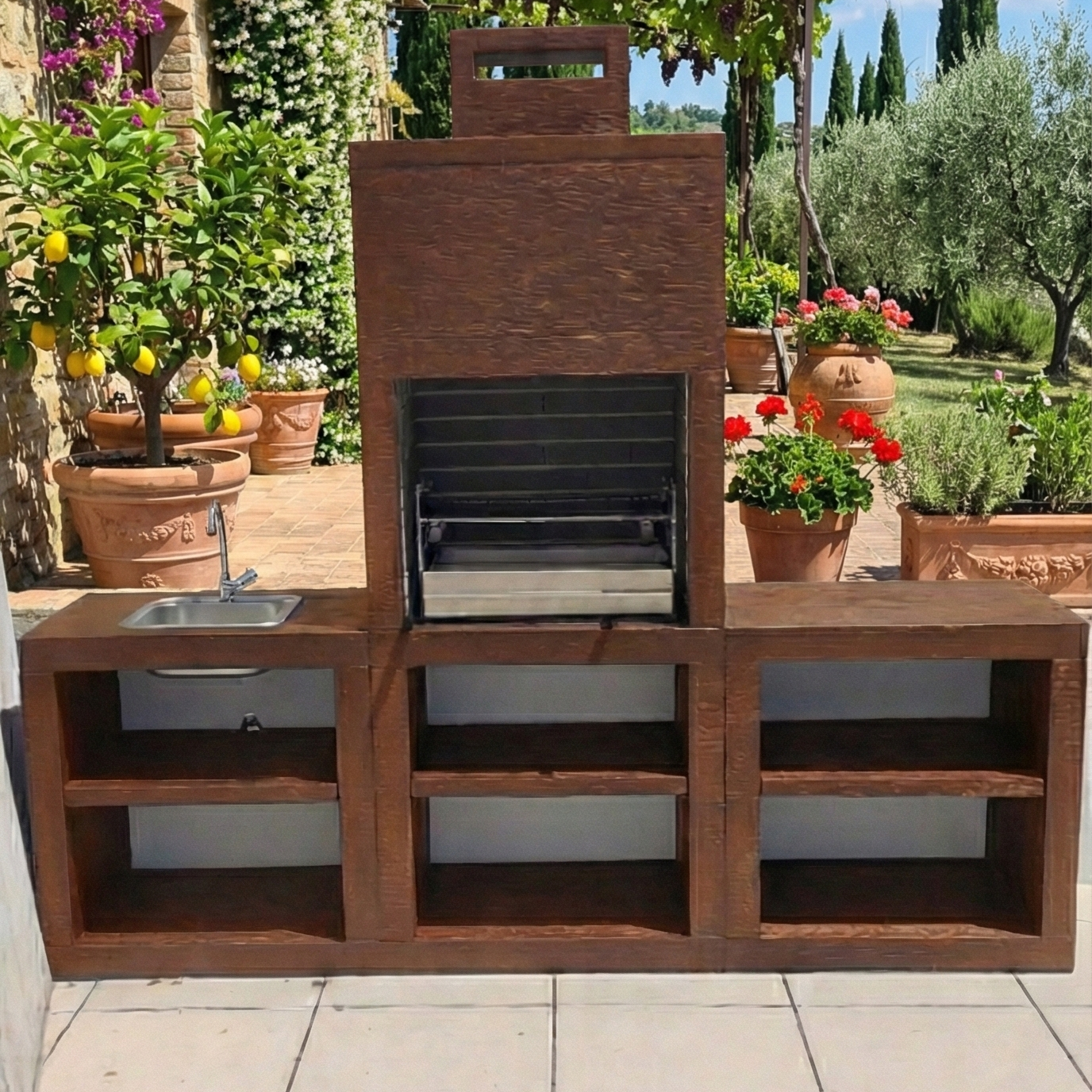 Linie 60 – Moderne Außenküche 240 cm (2 Module) – Grillplatte Stahl 60 cm, Spüle optional
