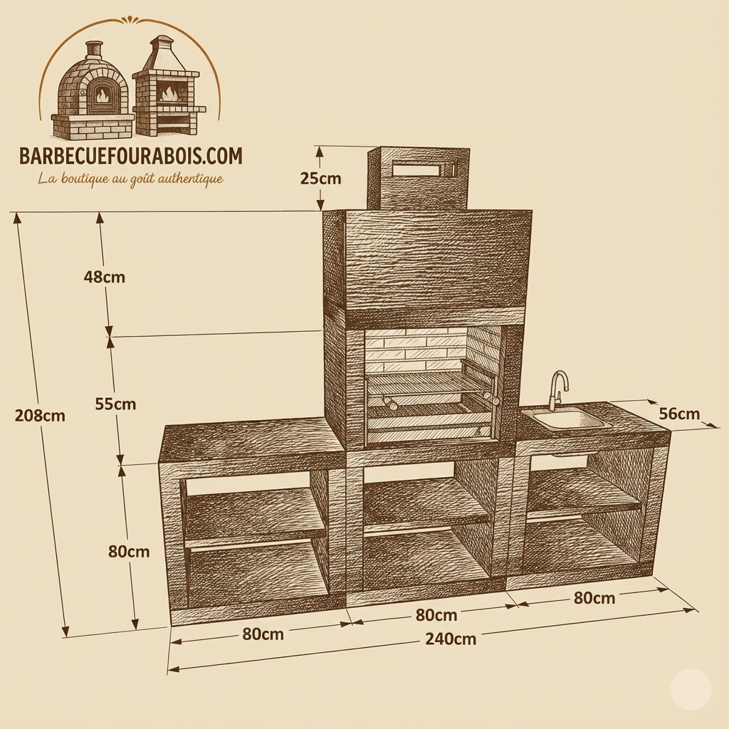 Linie 60 – Moderne Außenküche 240 cm (2 Module) – Grillplatte Stahl 60 cm, Spüle optional