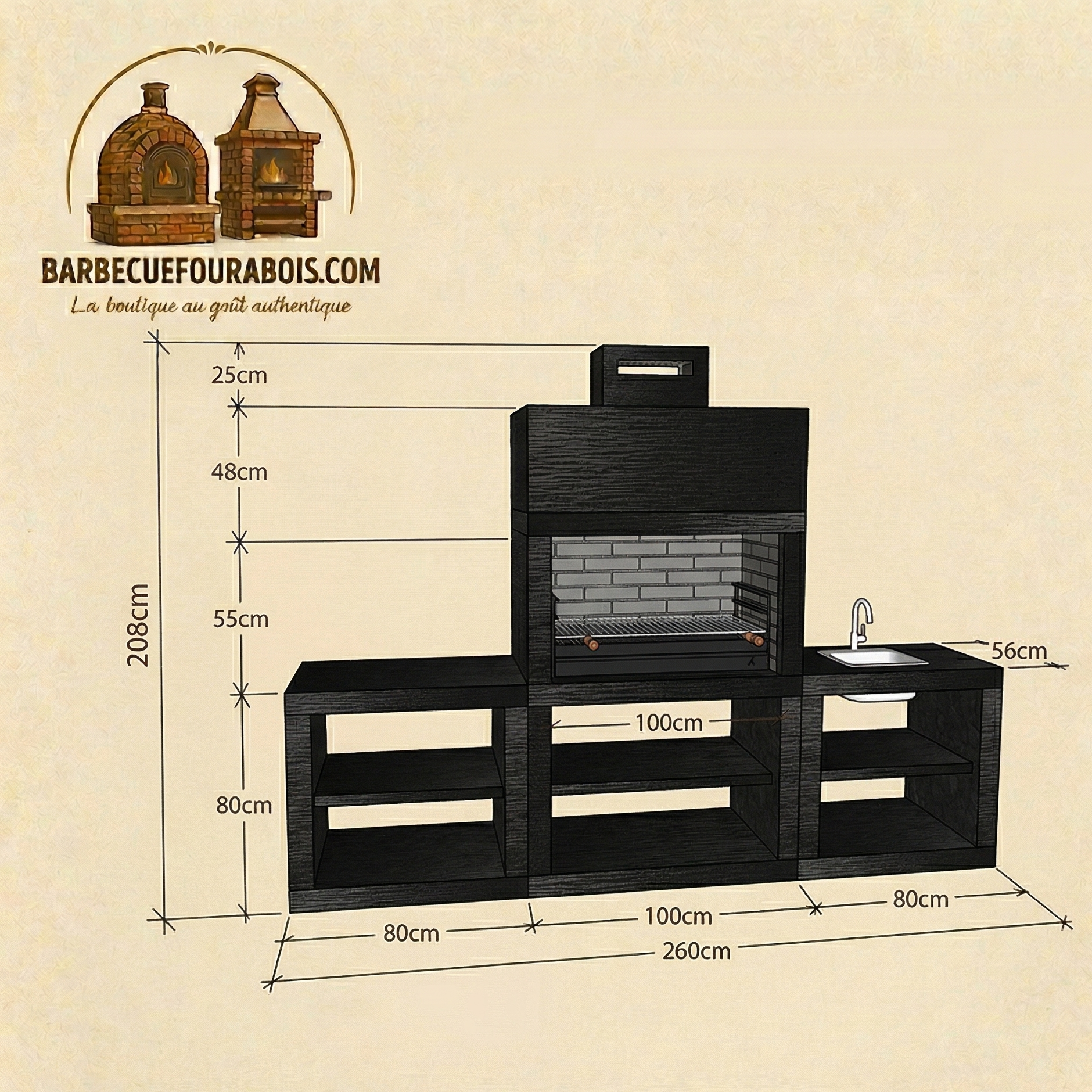 Linea 61 – Modern barbecue with sink – 80 cm grill – 260×56 cm