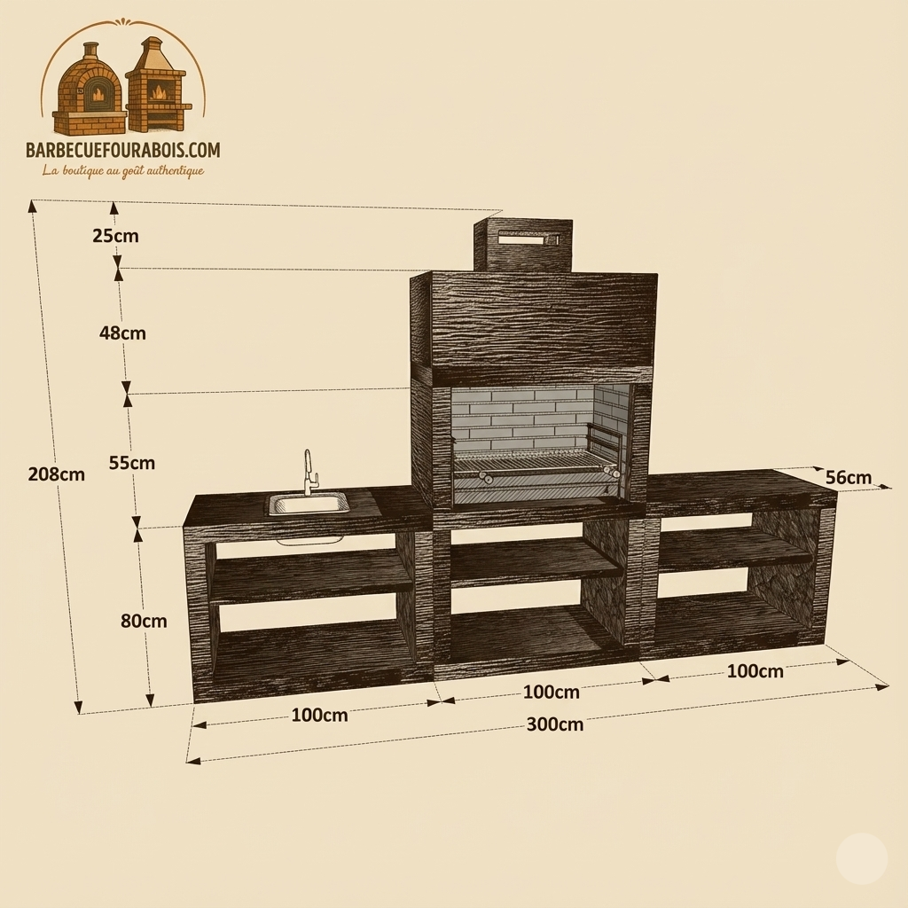 Linie 64 – Moderne Außenküche 300 cm (2 Module) – 80 cm Grillrost aus Stahl, Spüle optional