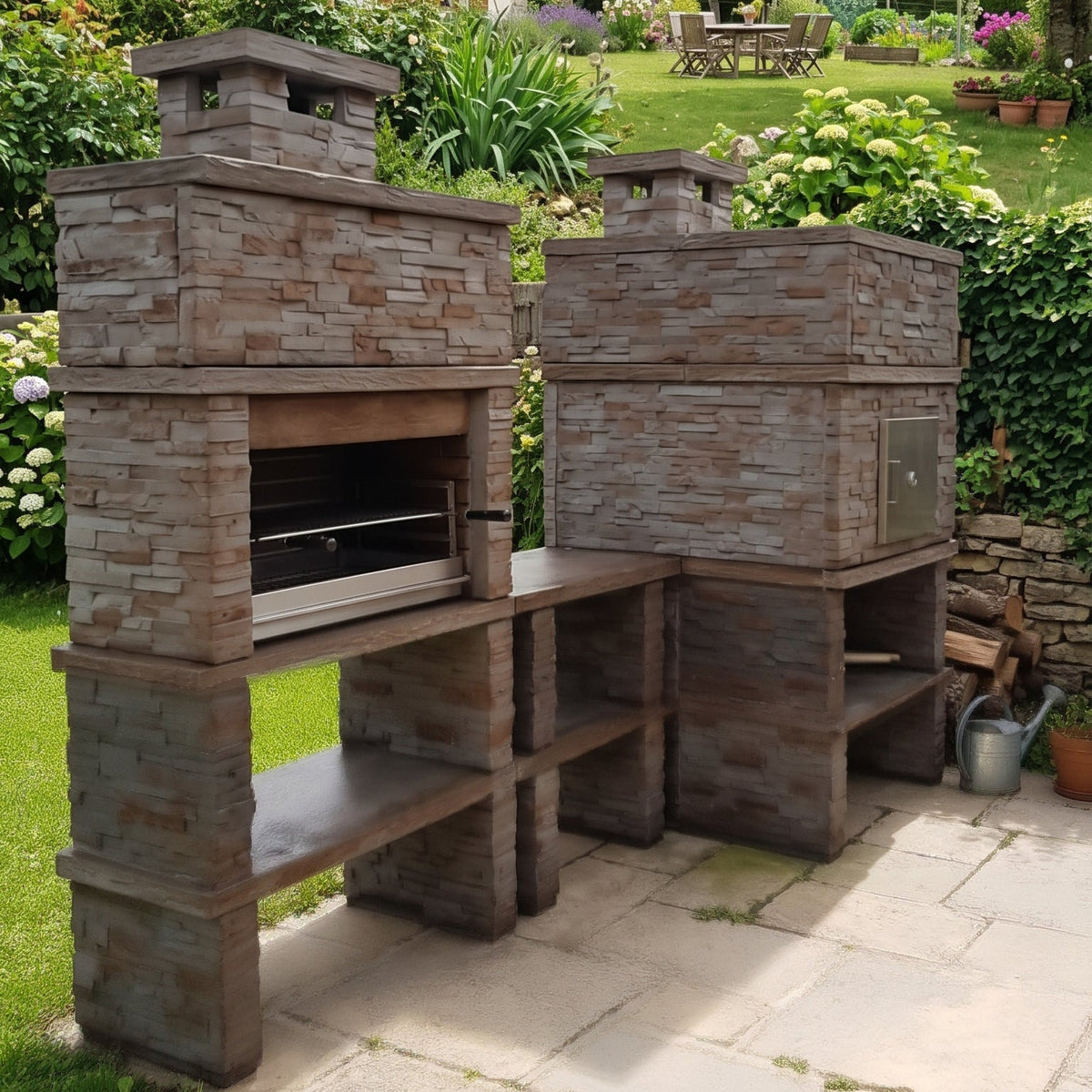 Montara 41 Four 80 – Grill aus Stein in Schieferoptik mit 80-cm-Grillrost, Holzofen und Edelstahlspüle