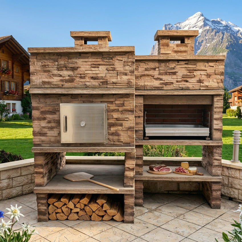 Montara 25 Four 90 – Barbecue aus Stein in Schieferoptik mit 80-cm-Grillrost und 90-cm-Holzofen