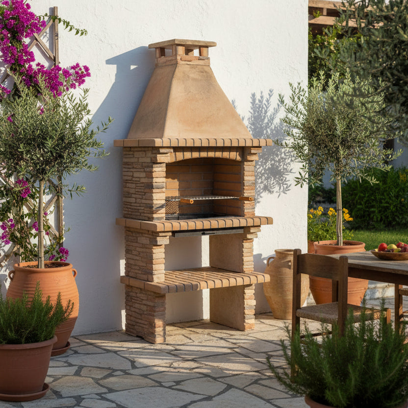 Barbecue Rivieira 400 aus rekonstituiertem Stein – verstellbarer Grill, mediterraner Stil