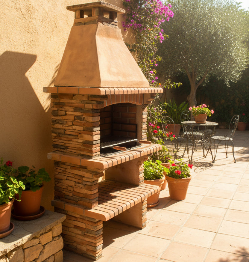 Barbecue Rivieira 400 aus rekonstituiertem Stein – verstellbarer Grill, mediterraner Stil